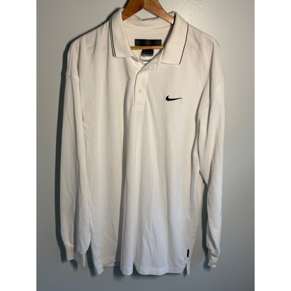 Nike Golf Dri-FIT Long Sleeve Polo Shirt White Mens XL Embroidered Swoosh Vtg